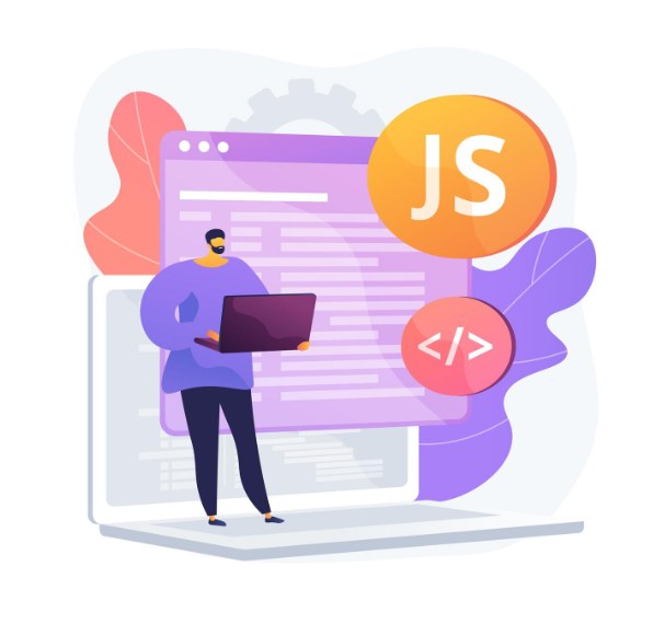 Illustration of a developer coding with JavaScript, representing Angular JS development