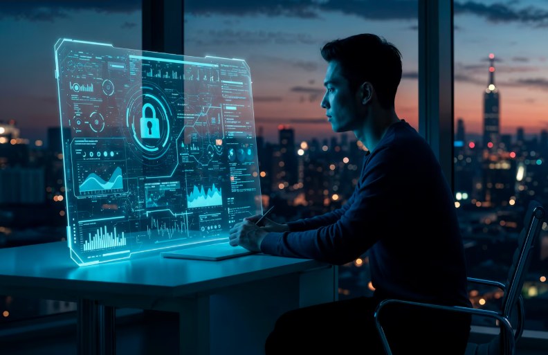 A man reviewing a holographic cyber security dashboard with a lock icon at night