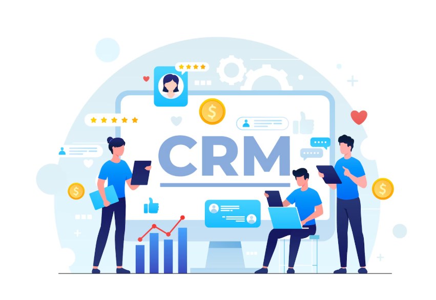 Illustration of a team managing customer relationships through a CRM dashboard