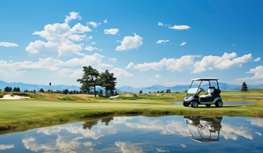 A golf course with a golf cart beside a still lake, reflecting the sky