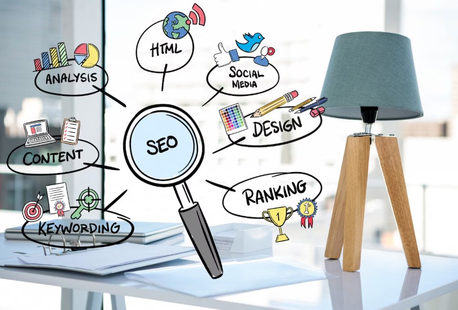 A magnifying glass over the word SEO, surrounded by icons for analysis, content, keywording, ranking, design and social media