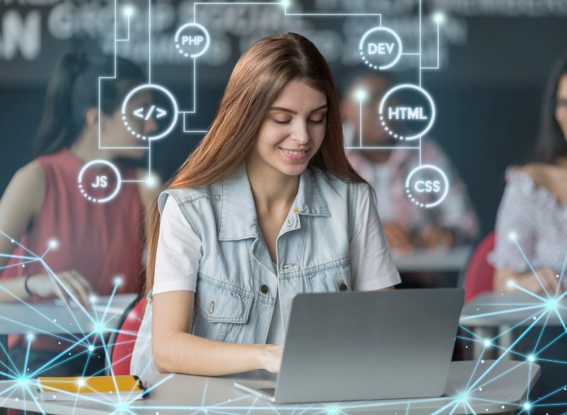 A student coding on her laptop, surrounded by icons for JS, PHP, HTML, CSS and DEV