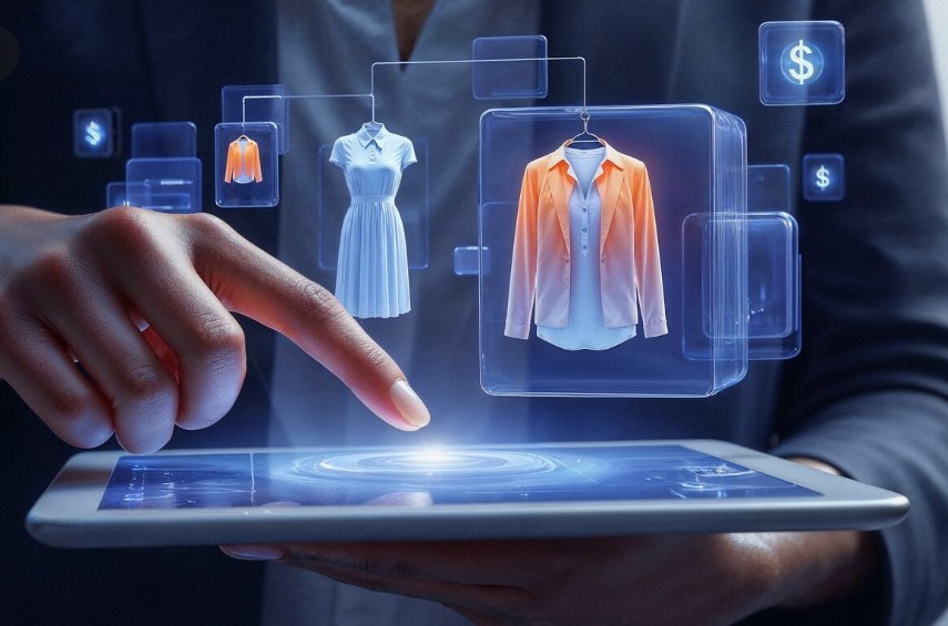 A hand browsing holographic clothing items on a tablet, representing online shopping