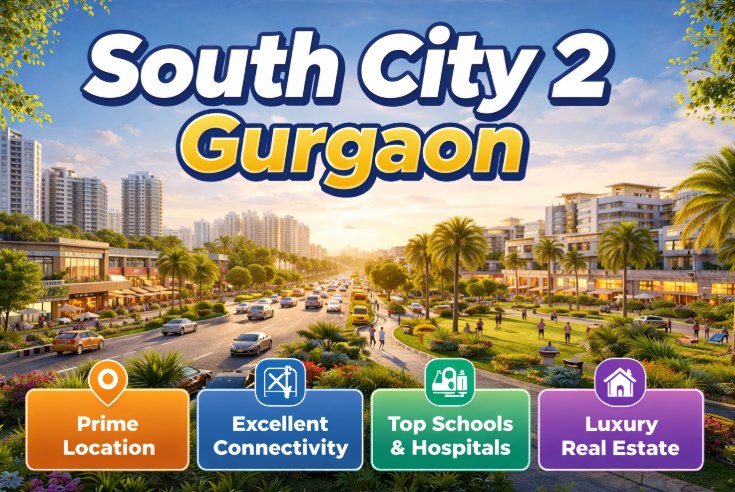 A South City 2 Gurgaon infographic highlighting prime location, connectivity, schools and hospitals, and luxury real estate