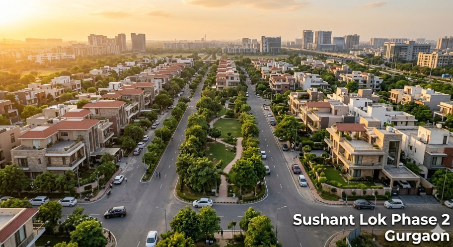 An aerial sunset view of tree-lined residential streets in Sushant Lok Phase 2, Gurgaon