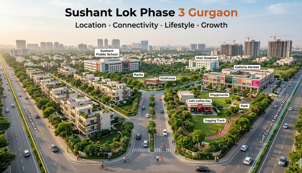 An aerial map of Sushant Lok Phase 3, Gurgaon, labelled with Sushant Public School, Max Hospital, Galleria Market, Sohna Road and Golf Course Extension Road