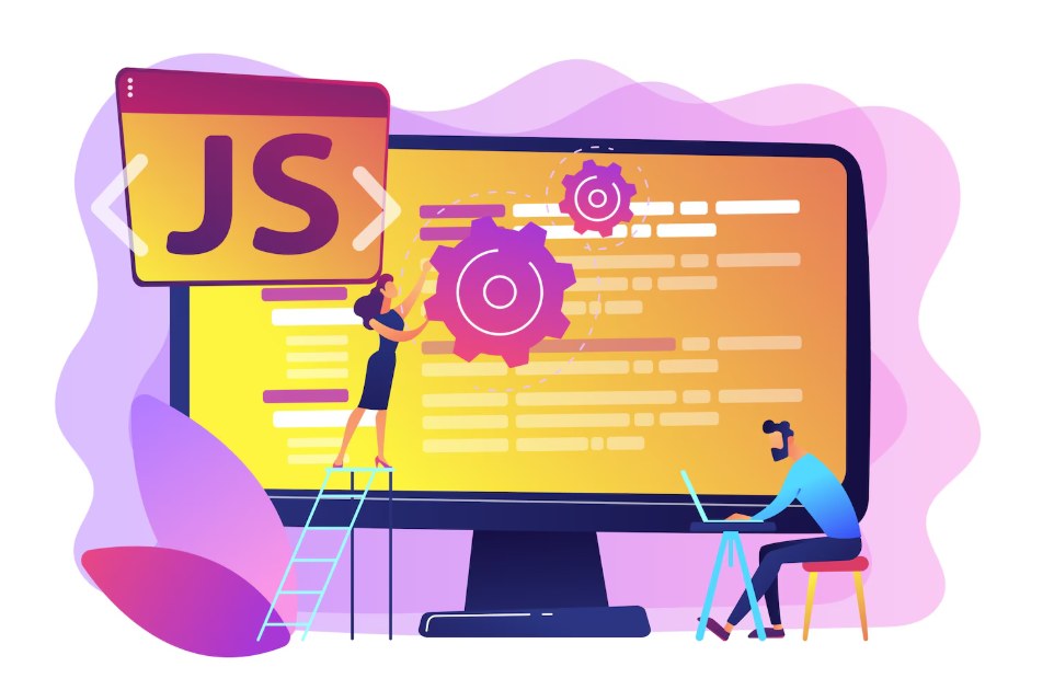 Illustration of developers working on JavaScript code on a large screen, representing Vue JS development